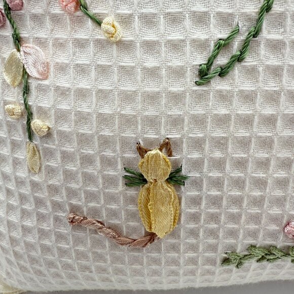 Ribbon Embroidered Throw Pillow Joy Floral Cat Ruffled Edge Cottagecore 9 In - Picture 5 of 8